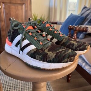 Adidas Green Camo Sneakers with Orange Highlights Mens 8.5